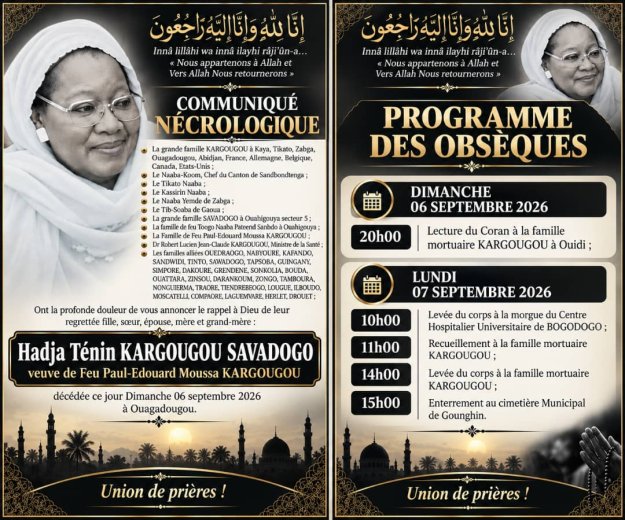Décès de Hadja Ténin Kargougou Savadogo&nbsp;: Faire part 