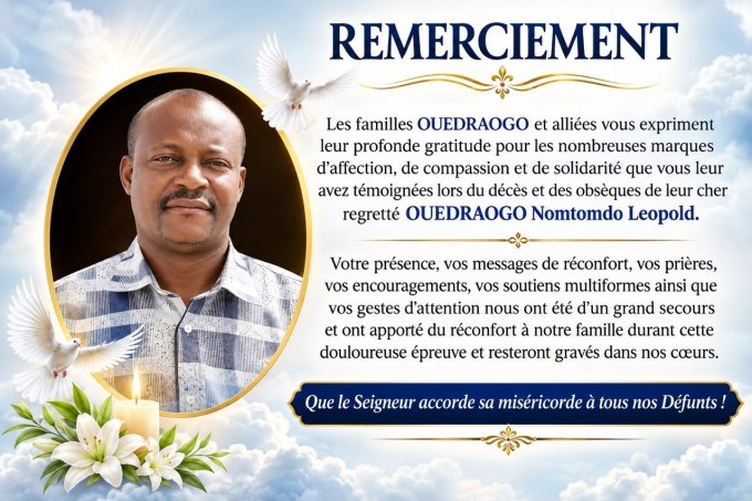 Décès de OUEDRAOGO Nomtondo Leopold&nbsp;: Remerciements