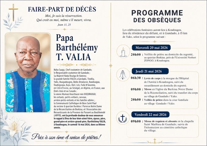 Décès de Barthelemy T. Valia&nbsp;: Faire-part 