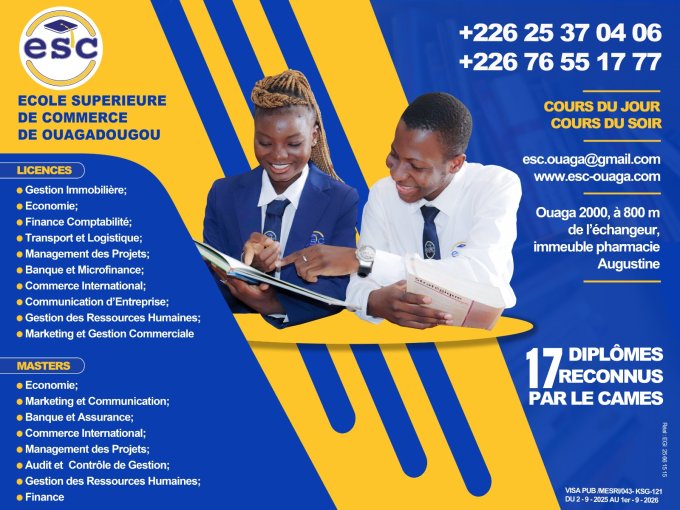 Les filières pour la rentrée académique 2026-2027 à l’école supérieure de commerce de Ouagadougou 
